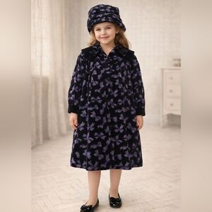 LITTLE NUGGET💝GirlsVINTAGEBlackVELVET with MAUVE BOWS Matching Coat&Hat Set Sz6
